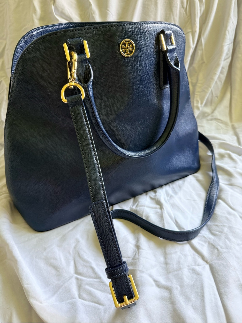 Tory Burch Navy Saffiano Leather Dome Satchel with Gold Hardware - Picture 1 of 12